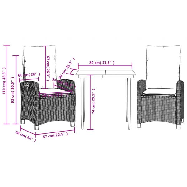 3-tlg. Garten-Essgruppe mit Kissen Braun Poly Rattan