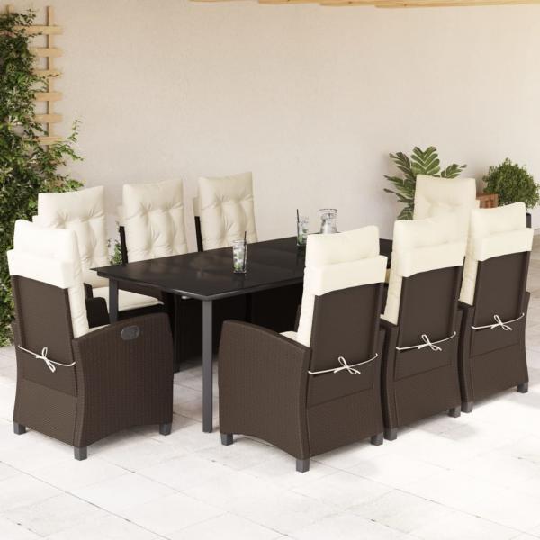 ARDEBO.de - 9-tlg. Garten-Essgruppe mit Kissen Braun Poly Rattan