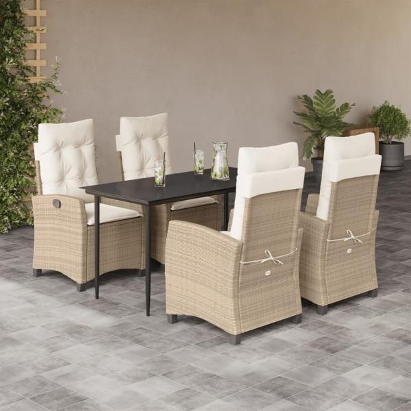 ARDEBO.de - 5-tlg. Garten-Essgruppe mit Kissen Beige Poly Rattan