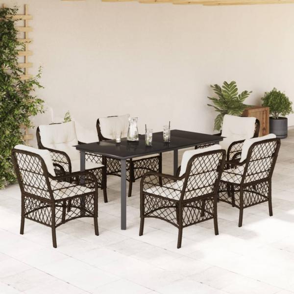 ARDEBO.de - 7-tlg. Garten-Essgruppe mit Kissen Braun Poly Rattan
