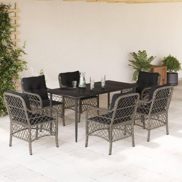 ARDEBO.de - 7-tlg. Garten-Essgruppe mit Kissen Grau Poly Rattan