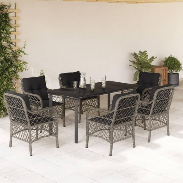 ARDEBO.de - 7-tlg. Garten-Essgruppe mit Kissen Grau Poly Rattan