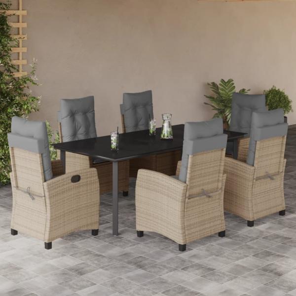 ARDEBO.de - 7-tlg. Garten-Essgruppe mit Kissen Beigemischung Poly Rattan