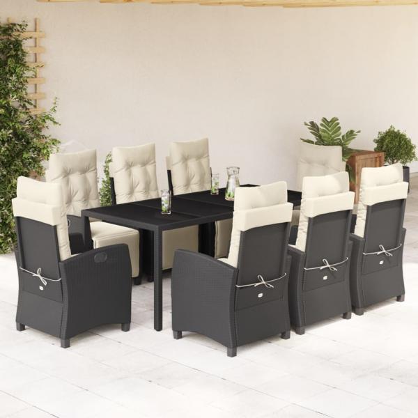 ARDEBO.de - 9-tlg. Garten-Essgruppe mit Kissen Schwarz Poly Rattan