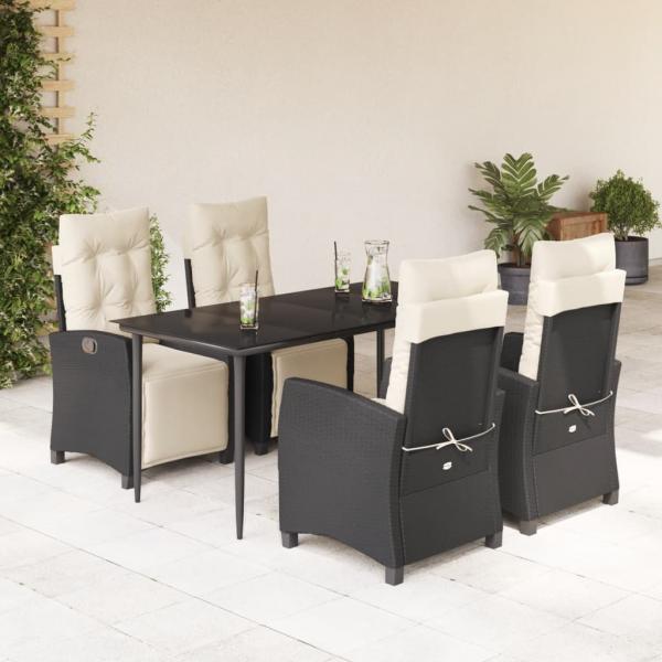 ARDEBO.de - 5-tlg. Garten-Essgruppe mit Kissen Schwarz Poly Rattan