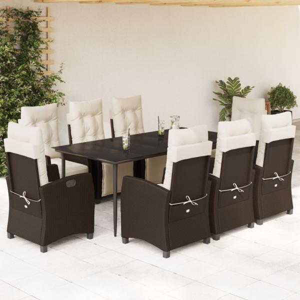 ARDEBO.de - 9-tlg. Garten-Essgruppe mit Kissen Braun Poly Rattan