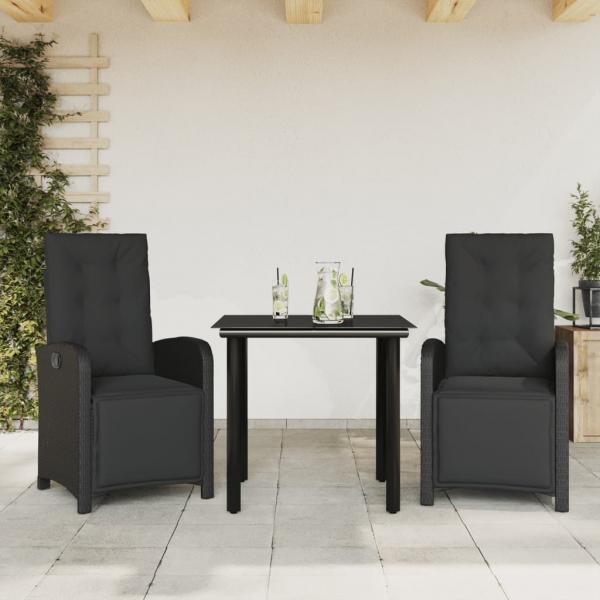 ARDEBO.de - 3-tlg. Bistro-Set mit Kissen Schwarz Poly Rattan