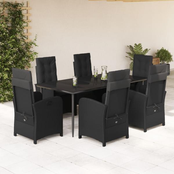 ARDEBO.de - 7-tlg. Garten-Essgruppe mit Kissen Schwarz Poly Rattan