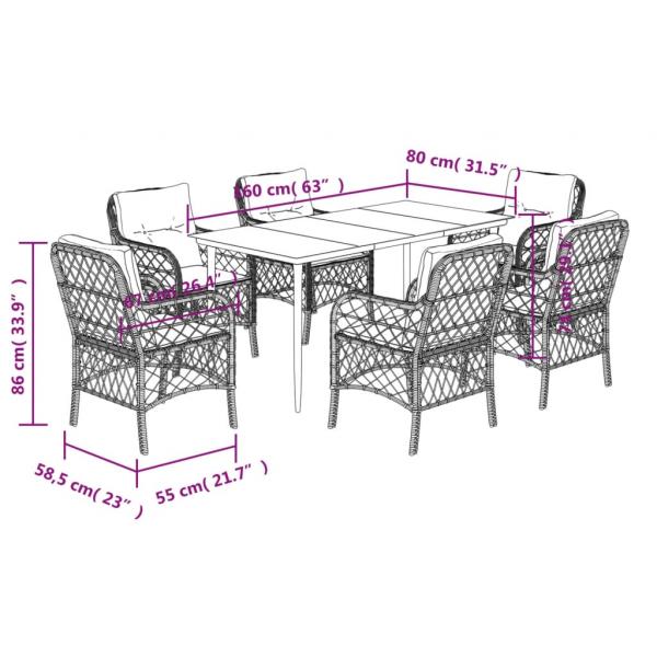 7-tlg. Garten-Essgruppe mit Kissen Braun Poly Rattan