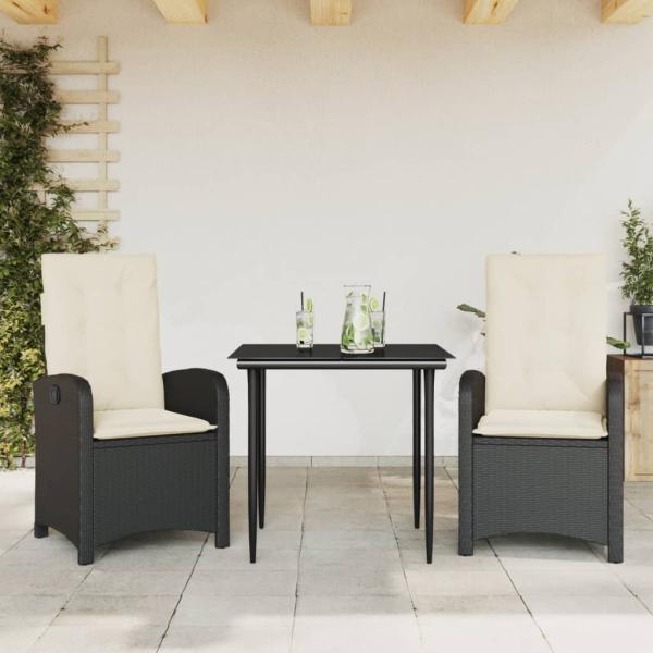 ARDEBO.de - 3-tlg. Garten-Essgruppe mit Kissen Schwarz Poly Rattan
