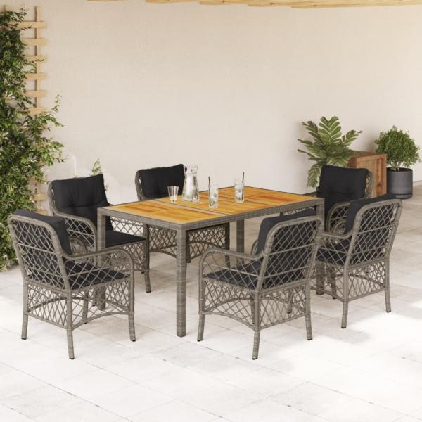 ARDEBO.de - 7-tlg. Garten-Essgruppe mit Kissen Grau Poly Rattan