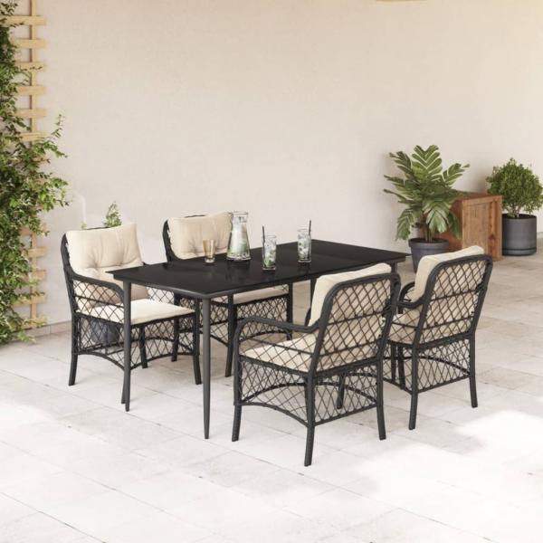 ARDEBO.de - 5-tlg. Garten-Essgruppe mit Kissen Schwarz Poly Rattan