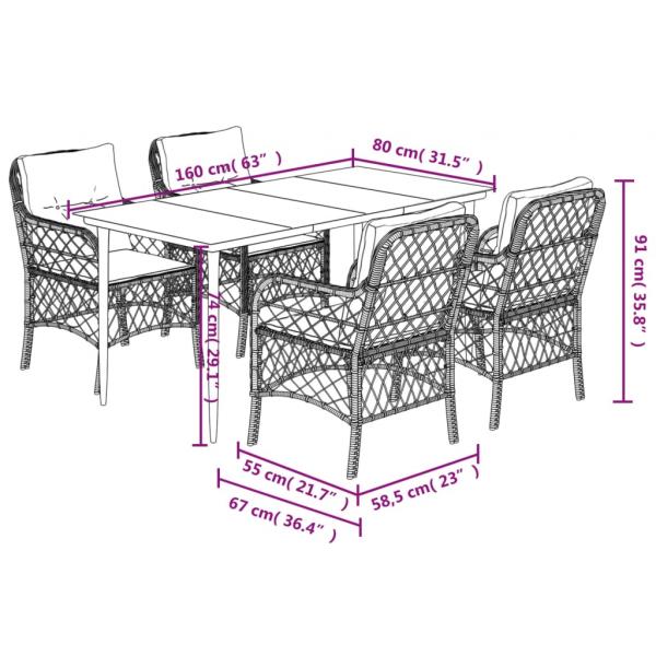 5-tlg. Garten-Essgruppe mit Kissen Schwarz Poly Rattan