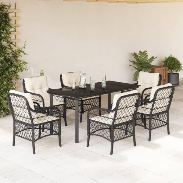 ARDEBO.de - 7-tlg. Garten-Essgruppe mit Kissen Schwarz Poly Rattan