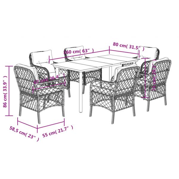 7-tlg. Garten-Essgruppe mit Kissen Schwarz Poly Rattan
