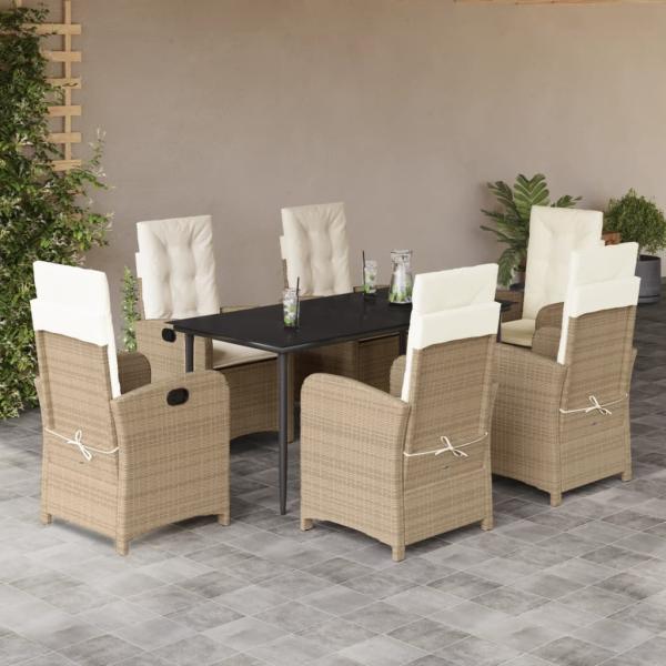 ARDEBO.de - 7-tlg. Garten-Essgruppe mit Kissen Beige Poly Rattan