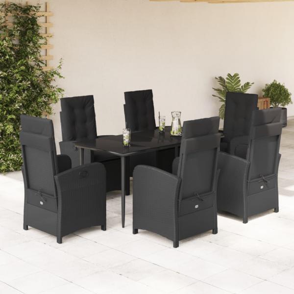 ARDEBO.de - 7-tlg. Garten-Essgruppe mit Kissen Schwarz Poly Rattan
