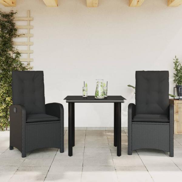 ARDEBO.de - 3-tlg. Garten-Essgruppe mit Kissen Schwarz Poly Rattan