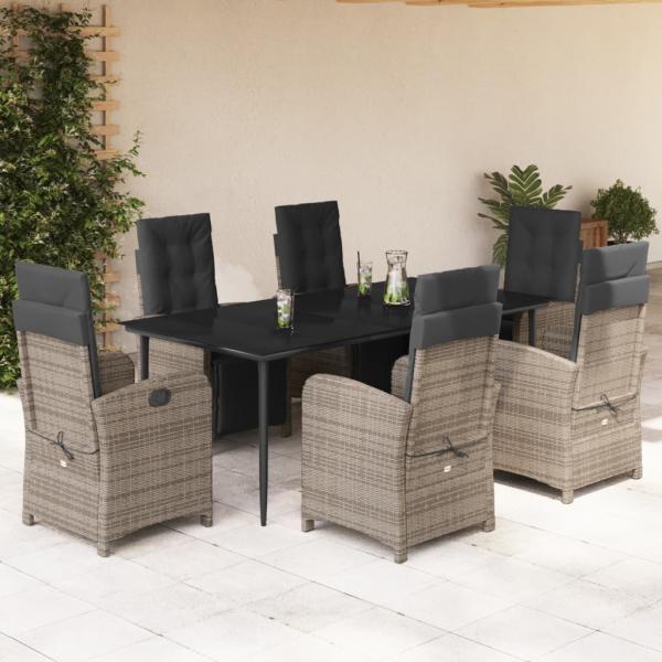 ARDEBO.de - 7-tlg. Garten-Essgruppe mit Kissen Grau Poly Rattan