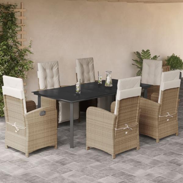 ARDEBO.de - 7-tlg. Garten-Essgruppe mit Kissen Beige Poly Rattan