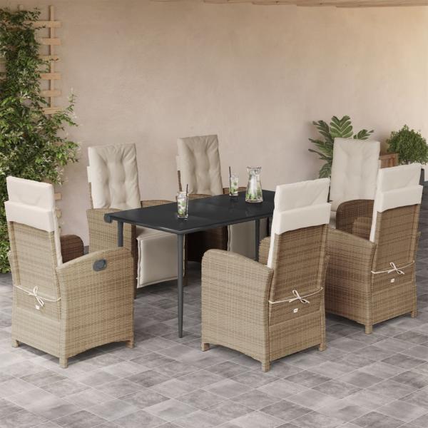 ARDEBO.de - 7-tlg. Garten-Essgruppe mit Kissen Beige Poly Rattan