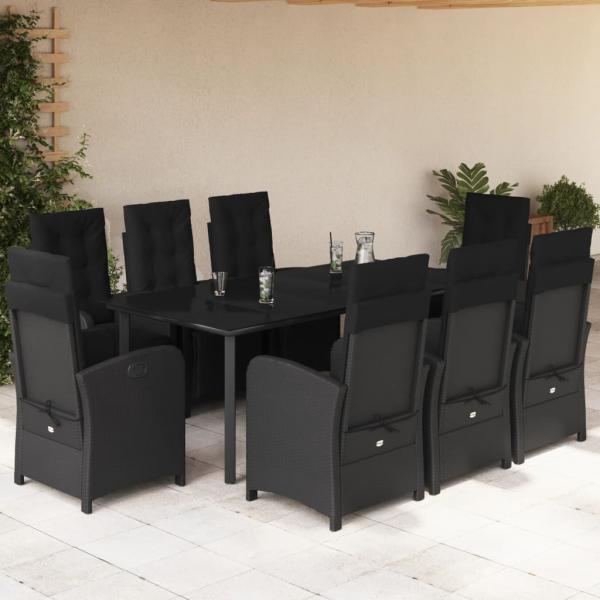 ARDEBO.de - 9-tlg. Garten-Essgruppe mit Kissen Schwarz Poly Rattan