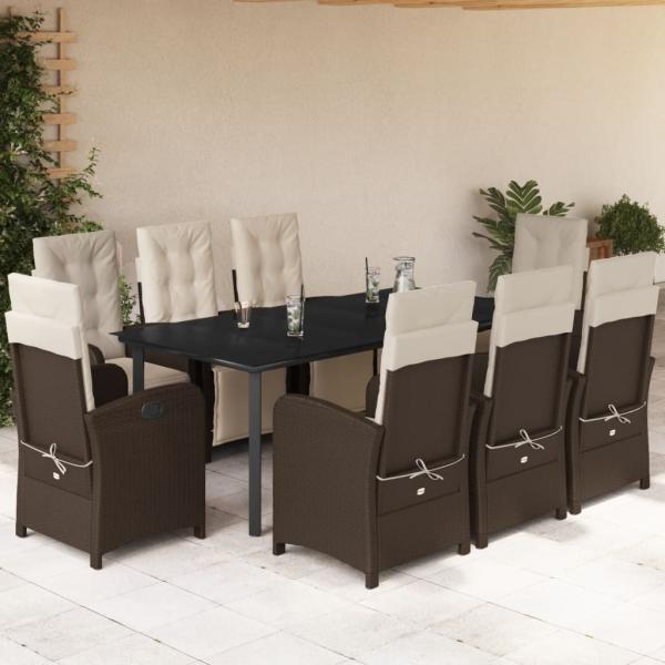 ARDEBO.de - 9-tlg. Garten-Essgruppe mit Kissen Braun Poly Rattan