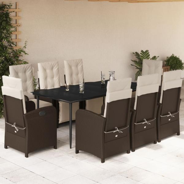 ARDEBO.de - 9-tlg. Garten-Essgruppe mit Kissen Braun Poly Rattan