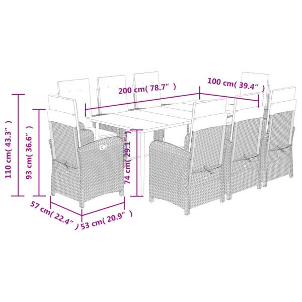 9-tlg. Garten-Essgruppe mit Kissen Braun Poly Rattan