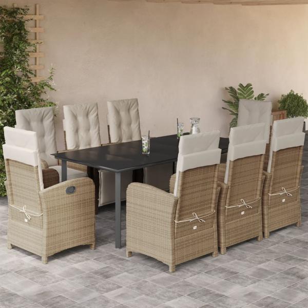 ARDEBO.de - 9-tlg. Garten-Essgruppe mit Kissen Beige Poly Rattan