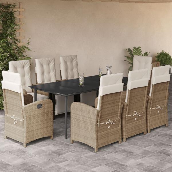 ARDEBO.de - 9-tlg. Garten-Essgruppe mit Kissen Beige Poly Rattan