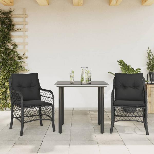 ARDEBO.de - 3-tlg. Bistro-Set mit Kissen Schwarz Poly Rattan