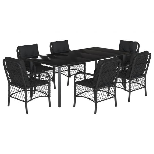 7-tlg. Garten-Essgruppe mit Kissen Schwarz Poly Rattan