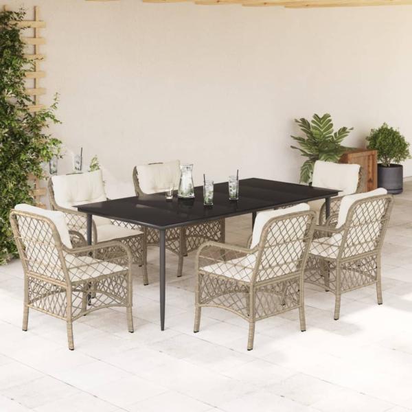 ARDEBO.de - 7-tlg. Garten-Essgruppe mit Kissen Beige Poly Rattan