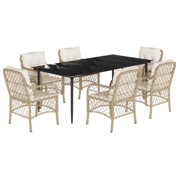7-tlg. Garten-Essgruppe mit Kissen Beige Poly Rattan