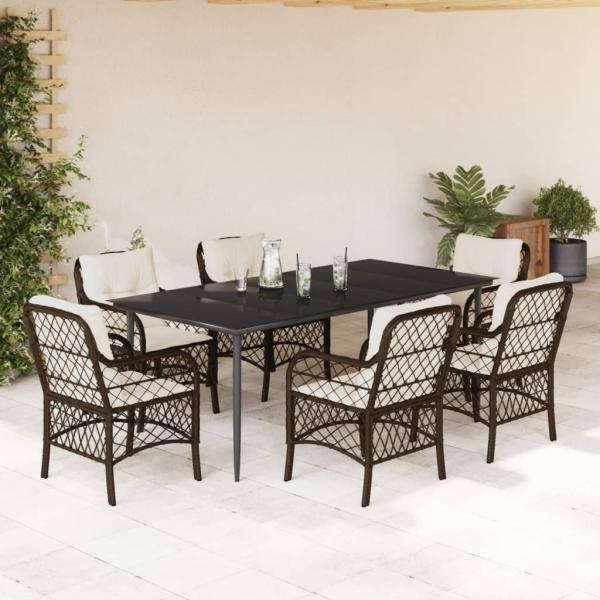 ARDEBO.de - 7-tlg. Garten-Essgruppe mit Kissen Braun Poly Rattan