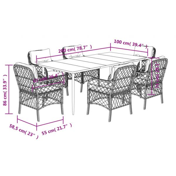 7-tlg. Garten-Essgruppe mit Kissen Braun Poly Rattan