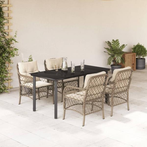 ARDEBO.de - 5-tlg. Garten-Essgruppe mit Kissen Beige Poly Rattan