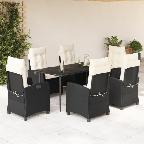 ARDEBO.de - 7-tlg. Garten-Essgruppe mit Kissen Schwarz Poly Rattan