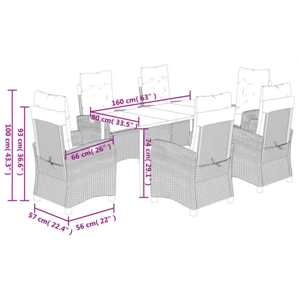 7-tlg. Garten-Essgruppe mit Kissen Braun Poly Rattan
