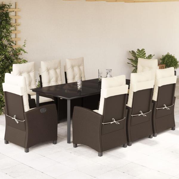 ARDEBO.de - 9-tlg. Garten-Essgruppe mit Kissen Braun Poly Rattan