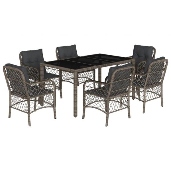 7-tlg. Garten-Essgruppe mit Kissen Grau Poly Rattan