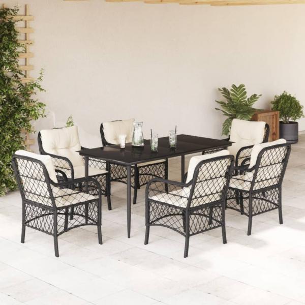 ARDEBO.de - 7-tlg. Garten-Essgruppe mit Kissen Schwarz Poly Rattan