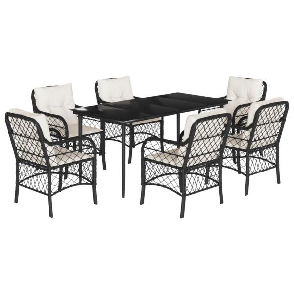 7-tlg. Garten-Essgruppe mit Kissen Schwarz Poly Rattan