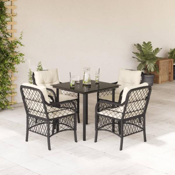 ARDEBO.de - 5-tlg. Garten-Essgruppe mit Kissen Schwarz Poly Rattan