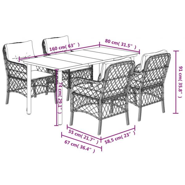 5-tlg. Garten-Essgruppe mit Kissen Schwarz Poly Rattan