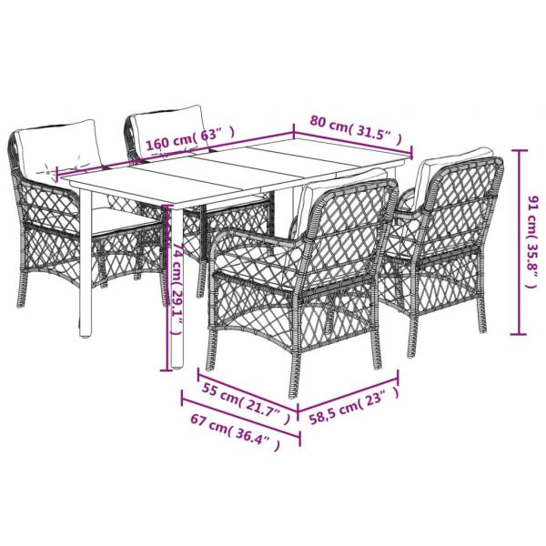 5-tlg. Garten-Essgruppe mit Kissen Braun Poly Rattan