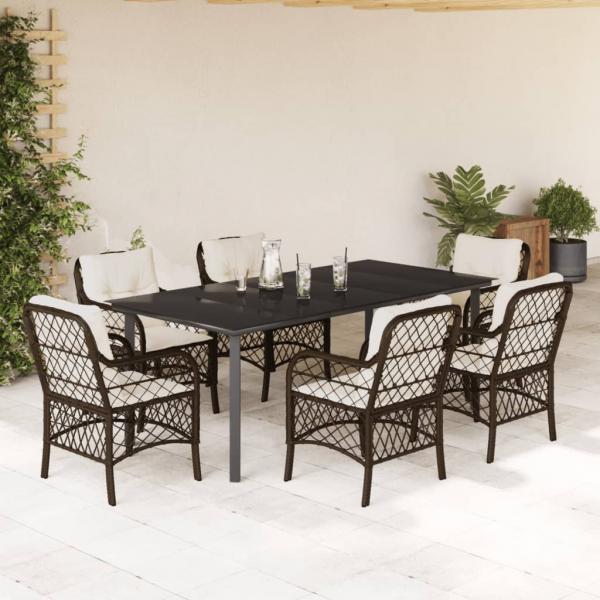 ARDEBO.de - 7-tlg. Garten-Essgruppe mit Kissen Braun Poly Rattan