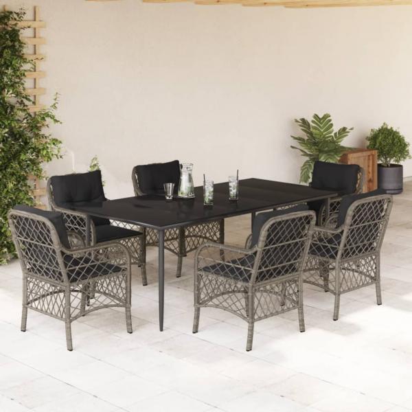 ARDEBO.de - 7-tlg. Garten-Essgruppe mit Kissen Grau Poly Rattan