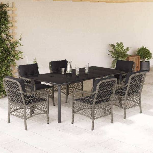 ARDEBO.de - 7-tlg. Garten-Essgruppe mit Kissen Grau Poly Rattan